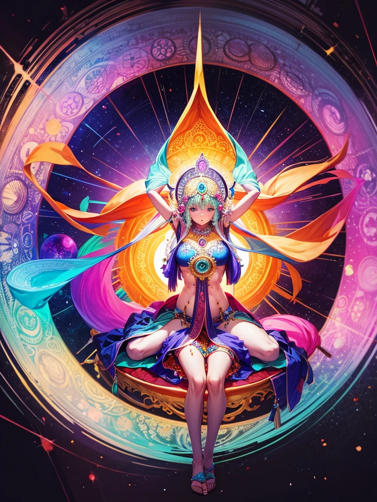 ((Best Quality, 8k, Masterpiece :1.3)) beautiful woman: 1.3, beautiful face with good sharpness, full body, saturated colors, psychedelic image, LSD, mandala, fractral, costume, tattoo, painted body, art similar to Alex Grey's art, lots of color saturation, vortex, planet earth, galaxy, with lots of lighting, shading and contrast, eyes well centered and with contrast, 3D depth, no clothes, 6 arms, sitting on the side