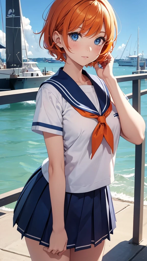 girl with short orange hair and blue eyes, wearing a sailor uniform