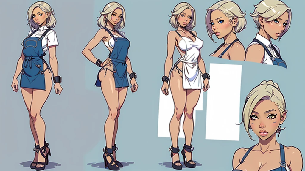((masterpiece)),(((best quality))),((character design sheet)), ((full body view)) illustration,Catalogue of  slaves,1girl, thick thighs, ((detailed face:1.4)) prox friend, ro sketches, between breasts,big breasnal secring an short without any clothes on and Chain of sex slaves,hair accessories,seductive grimug,solid color backdrop, clean backdrop,