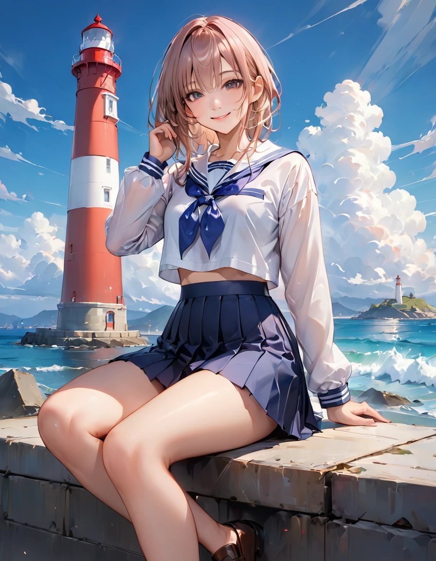 ((最high quality, 8K, masterpiece: 1.3, Ultra HD, high quality, 最high quality, High resolution, realism)) 、Very beautiful 18 year old Japanese schoolgirl、I'm wearing a sailor suit、Wearing a navy blue pleated skirt、Wear loafers、Hair is light brown、black eye、Medium Hair、Straight hair、smile、sit on a high breakwater on the beach、The blue sky is beautiful、There is a road in front of the breakwater....、The sea is beautiful、Beautiful horizon、 An island is visible offshore、Entering the clouds above the horizon、Island Lighthouse
