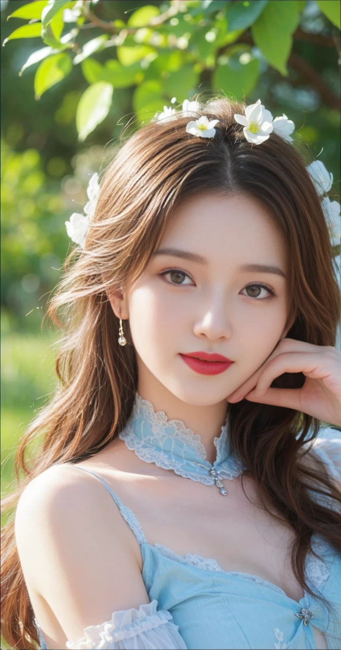 best quality, tmasterpiece,Ultra-high resolution,Clear face,(Reality:1.4),ferpect lighting,(upper body shot), (photorealistic:1.50), anime wallpaper, Guviz style artwork, cover-up fantasy up to magic , by Yang J, Guviz, beautiful artwork illustration, beautiful digital artwork, beautiful digital illustration, Li Song, beautiful anime portrait, art style in Beauvot, Lips wear thick red lipstick,(smille 1:1)