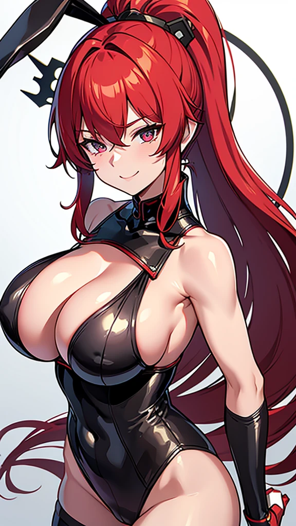Robot ears,milf,red hair , ponytail hair, bunny girl costume, emission eyes, big breasts, correct anatomy,milf smile
