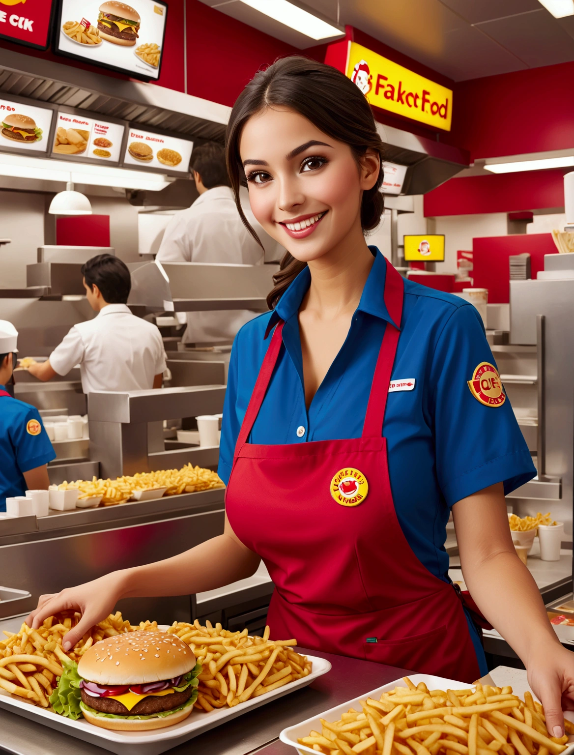 Beautiful McDonald's Employee:

In a striking red and yellow uniform, a radiant young woman stands, showcasing her radiant smile. Her skin is naturally glowing, highlighting her youthful charm. She adopts a poised pose, exuding confidence and warmth. This image is of the highest quality, a true masterpiece in digital art, worthy of being an NFSW 8K wallpaper. The details are astonishing, from the intricate patterns on her uniform to the individual strands of her wavy, honey-blond hair. The background is simple, allowing her to truly stand out. This is an Official art, meticulously crafted in Unity, showcasing an