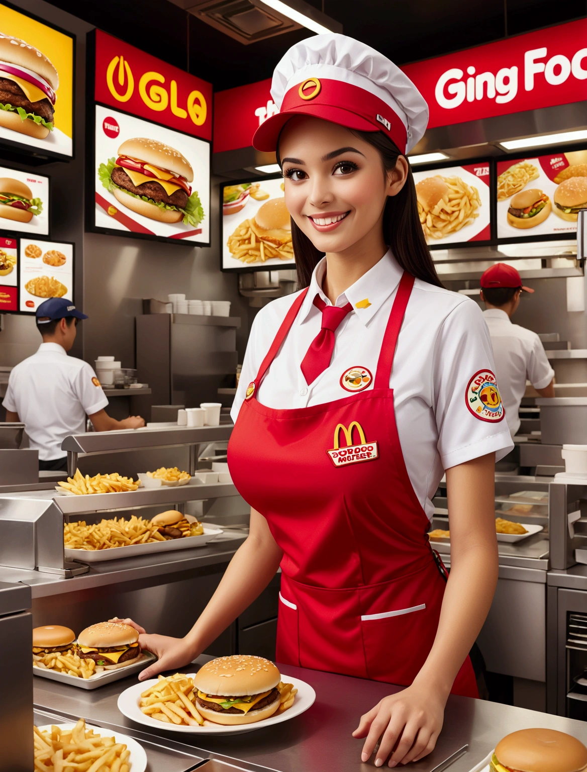 Beautiful McDonald's Employee:

In a striking red and yellow uniform, a radiant young woman stands, showcasing her radiant smile. Her skin is naturally glowing, highlighting her youthful charm. She adopts a poised pose, exuding confidence and warmth. This image is of the highest quality, a true masterpiece in digital art, worthy of being an NFSW 8K wallpaper. The details are astonishing, from the intricate patterns on her uniform to the individual strands of her wavy, honey-blond hair. The background is simple, allowing her to truly stand out. This is an Official art, meticulously crafted in Unity, showcasing an