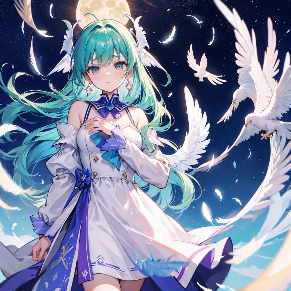 ((((Archangel))))　(((fluffy feathers　Crying face　Shining Tears　suffering)))，((White Dove　Big full moon))，(End of the Galaxy　shooting star　Drop shoulder　Sailor suit　Shiny Earrings　Green Hair　Long Hair)，　have　Sleep on your back　look up　Reaching out