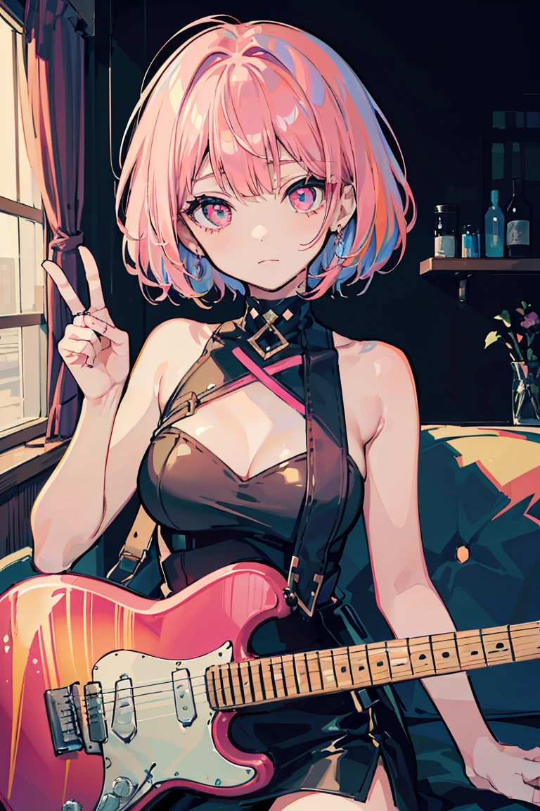 ((1 Girl)), punk, Dark circles in the eyes, Untidy face, peace sign, metal rock, sit, guitar, Cowboy Shot,((Very detailed,Highest quality, High resolution, fell, Sloppy, Lazy and slothful,Indifference, 8k wallpaper, Beautiful clothes,)),((Shortcuts,Diagonal bangs, Pink Hair)), Sharp eyes, eye shadow, eyeliner,Glowing Eyes, Very detailedな目, Beautiful Eyes, ((Shining Eyes)), 18-year-old girl,Five Fingers