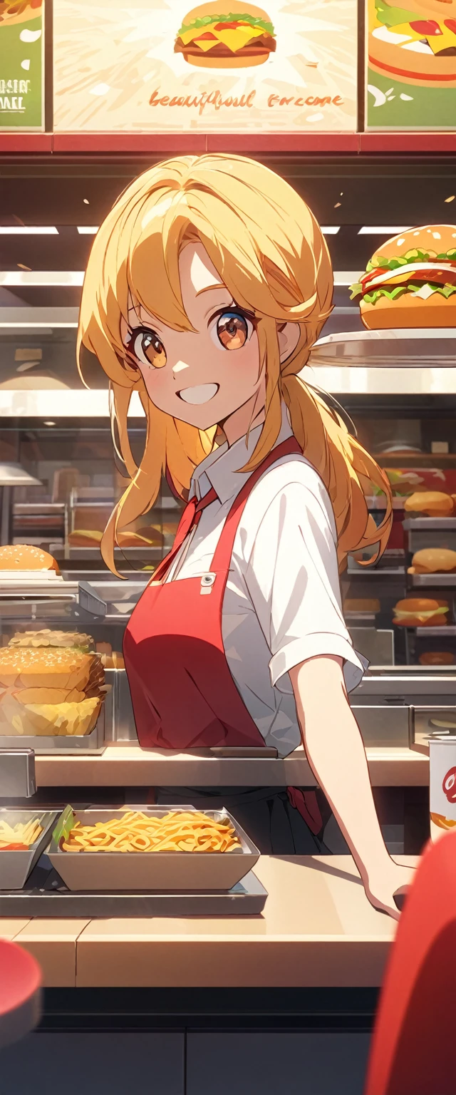 Close-up of beautiful, cute, hard-working and lively fast food restaurant clerk.Beautiful and extremely textured foreground and background，detailed, bright, Animation style high definition and high quality presentation,