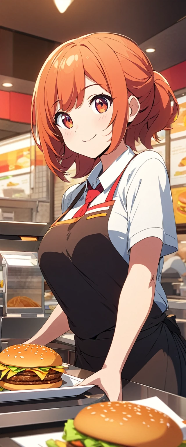 Close-up of beautiful, cute, hard-working and lively fast food restaurant clerk.Beautiful and extremely textured foreground and background,detailed, bright, Animation style high definition and high quality presentation,