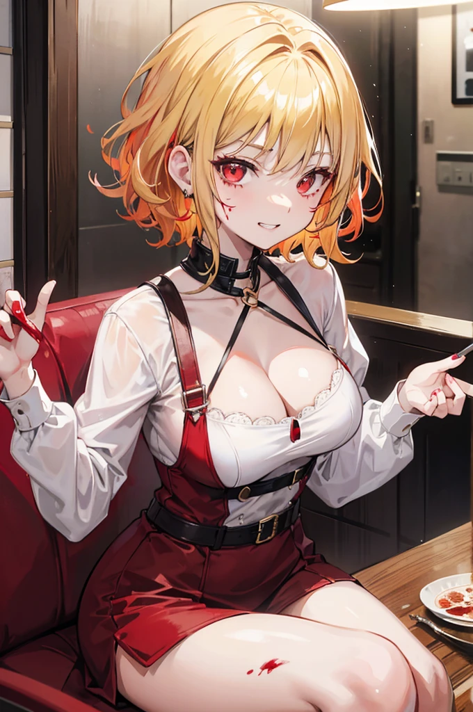 There a anime girl with short curly hair,gold hair colour,and red eyes colour,have a knife in her hand, she grinned, she was sitting on the table with a someone head next to her and blood stained on her cheek 