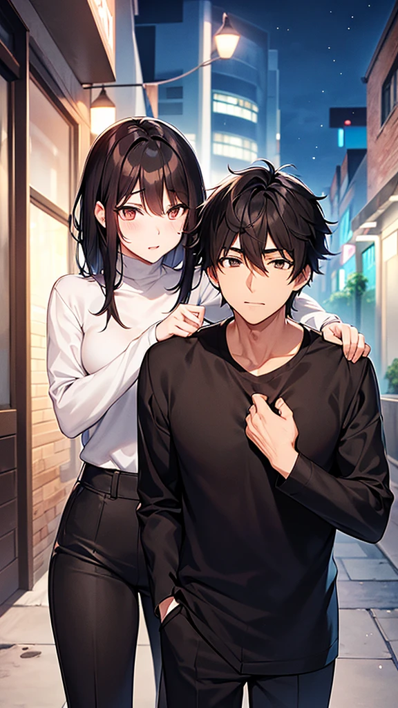 Anime image of a handsome young man with a cold face and short black hair kissing a young woman with long dark brown hair in a lonely alley at night.