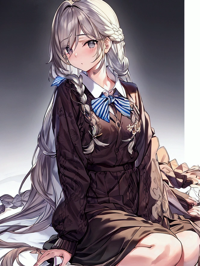 Itatori, This is Takatori。, Long Hair, Grey Hair, Hair that falls over the shoulders,
break skirt, Long sleeve, dress, cardigan, Long skirt, single Braiding, Braiding,
break looking at viewer,
break indoors,
break (masterpiece:1.2), Highest quality, High resolution, unity 8k wallpaper, (figure:0.8), (Beautiful attention to detail:1.6), Highly detailed face, Perfect lighting, Highly detailed CG, (Perfect hands, Perfect Anatomy),