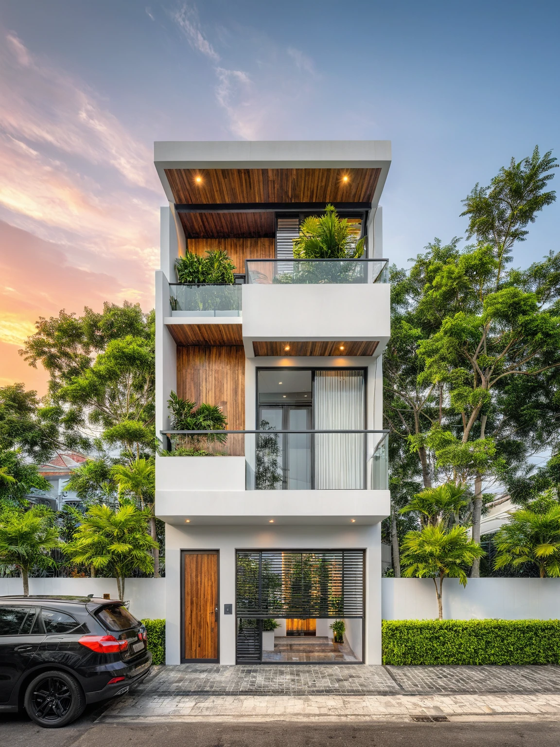 modern townhouse on street, (sunset), tropical tree, vivid colour, streetcapes, white tone, white wall, steel gate, rough white wall, large glass door, (warm interior lighting:1.2), wood and marble, best quality