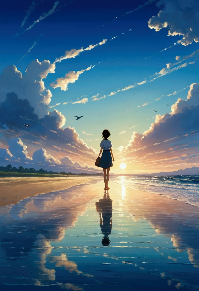 Xin Haicheng taste, Beautiful sky, Reflection of light, Barefoot girl,The end of the road is the sea, Romantic scenery, Healing scenes, Light poured in, Birds are flying