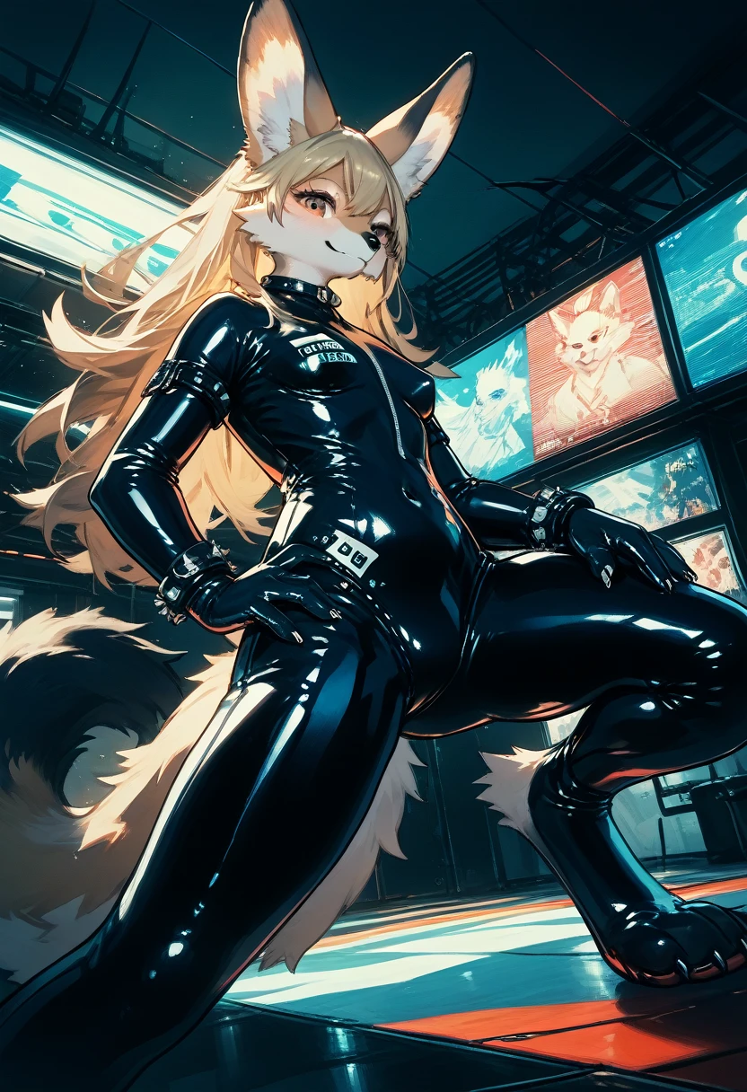 Highest quality, Highest quality, High quality illustrations, masterpiece, Ultra-high resolution, Detailed Background, Games Room, Absurd, Perfect Anatomy, performance, Good lighting, Shadows in the movies(kemono, Furry Personifi猫ion), Mascagna, Rubber suit, Rubber suit, latex, neon, neonライト, neonカラー