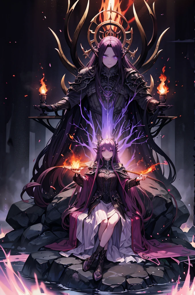 purple mist, blood waterfalls, flaming torches, throne of skulls, no people, elden ring boss