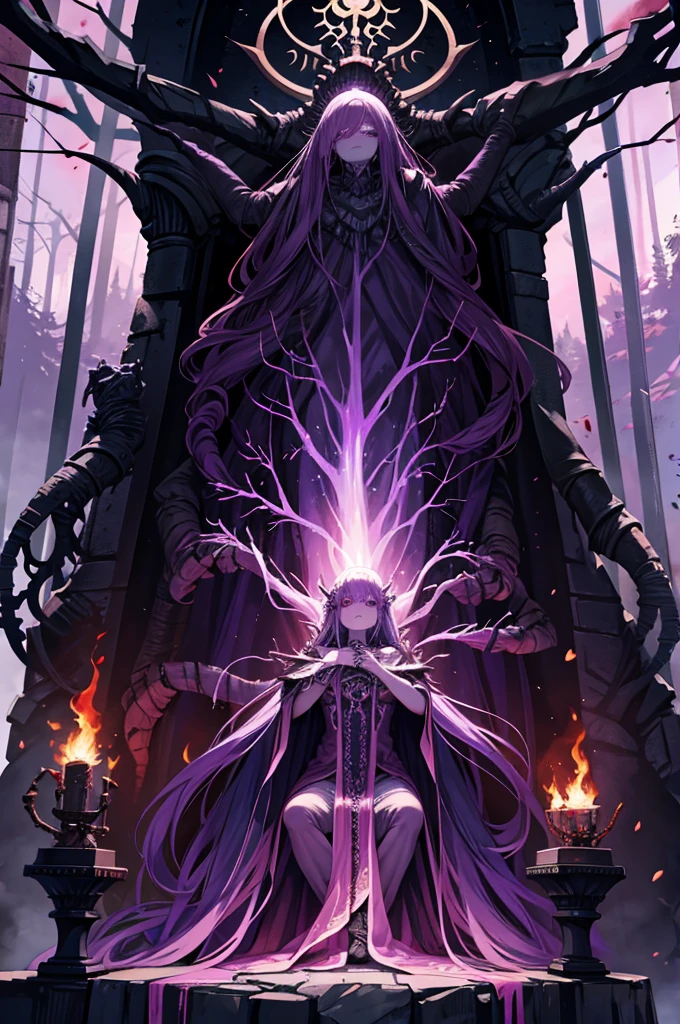 purple mist, blood waterfalls, flaming torches, throne of skulls, no people, elden ring boss