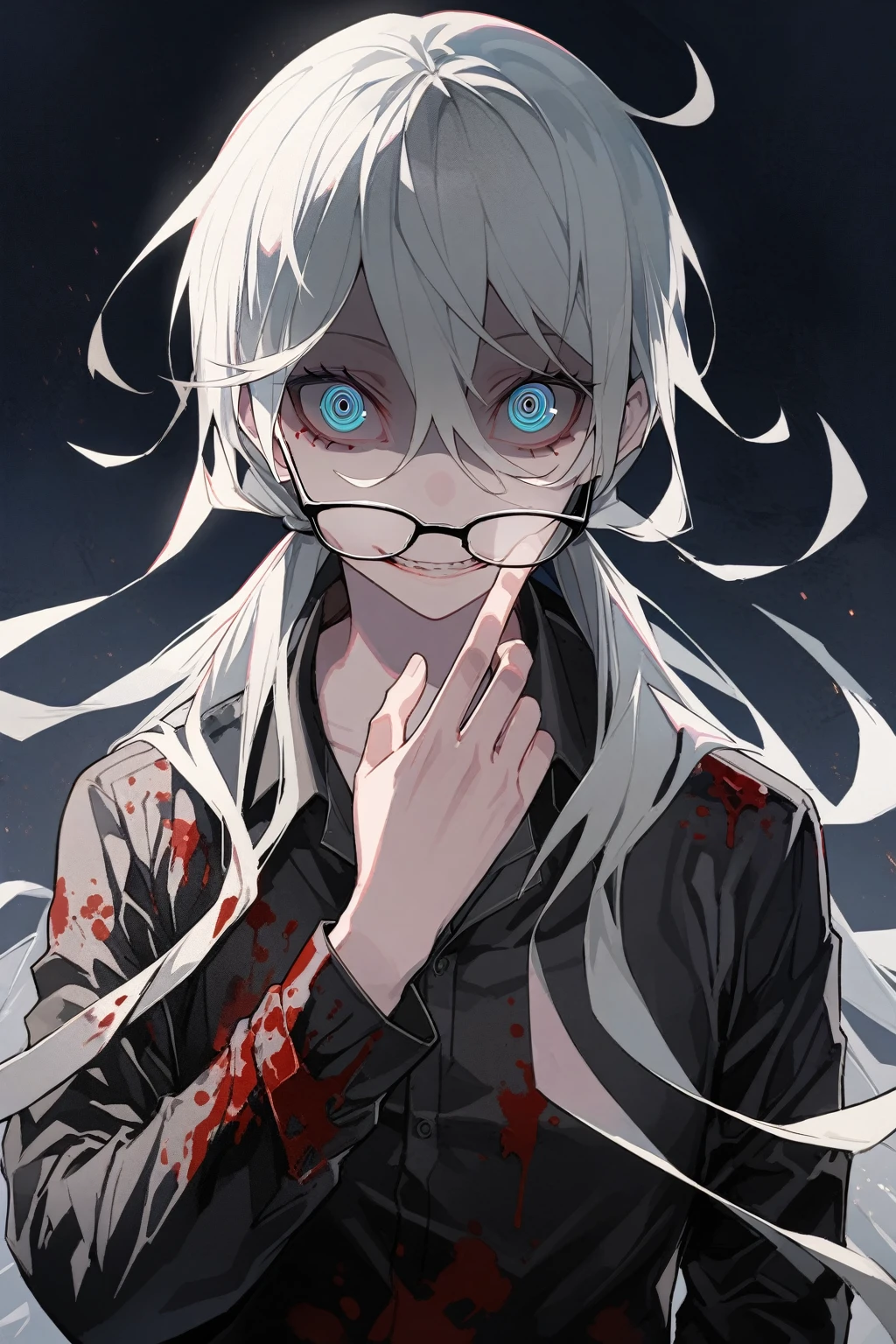 1 guy, blue eyes, white hair, wears glasses, long hair disheveled, hair gathered in a low ponytail, male build, looks at the viewer, crazy eyes, crazy smile, dressed in a black shirt, black trousers, stands, night outside, stars, blood on clothes, blood on cheek, shaded face, flowing hair, detailed, beautiful, delicate tones