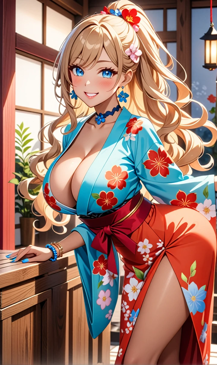 ultra-detailed, ((one girl)), (tan skin:1.6), in pastel colors gyaru, (heavy makeup), (professional lighting) hyper detailed, absurdres, 8K, Beautiful Face, (Laugh shyly), ((teasing smile:1.5), ((Wink:1.7)), (Laugh with your mouth wide open),((Tilt your face:1.6)), View your viewers, ((Bright red cheeks:1.6)),Glossy Red Lips, ((Big Breasts:1.6)), ((undressing:1.2)), noon, A simple shrine festival, ((Anime style background)),masterpiece, Highest quality, so beautiful,Latest, Complex details, ((Long fluorescent nails)), (nail art), (ring),(bracelet), (Floral Choker),AI-generated, Complex,High resolution, Highest quality, super high quality,3D Images、3D Images,One person,Blonde long hair,(High Ponytail), (wavy hair:1.3), Blonde anime woman posing for a photo, ((Fine grain、Cobalt blue eyes、glowing eyes:1.4)), (Squint your eyes:1.1),a hyperRealistic , hyperRealistic , Realistic,Anime woman with long pastel yellow hair, Smooth anime CG art, A girl in a gorgeous pastel-colored kimono, (sideboob), ((Pastel-colored furisode)),(Pink large floral pattern), Long flower hair ornament,Floral Earrings, Mature Body, tall,Narrow waist, ((from side)),((leaning forward:1.2)),