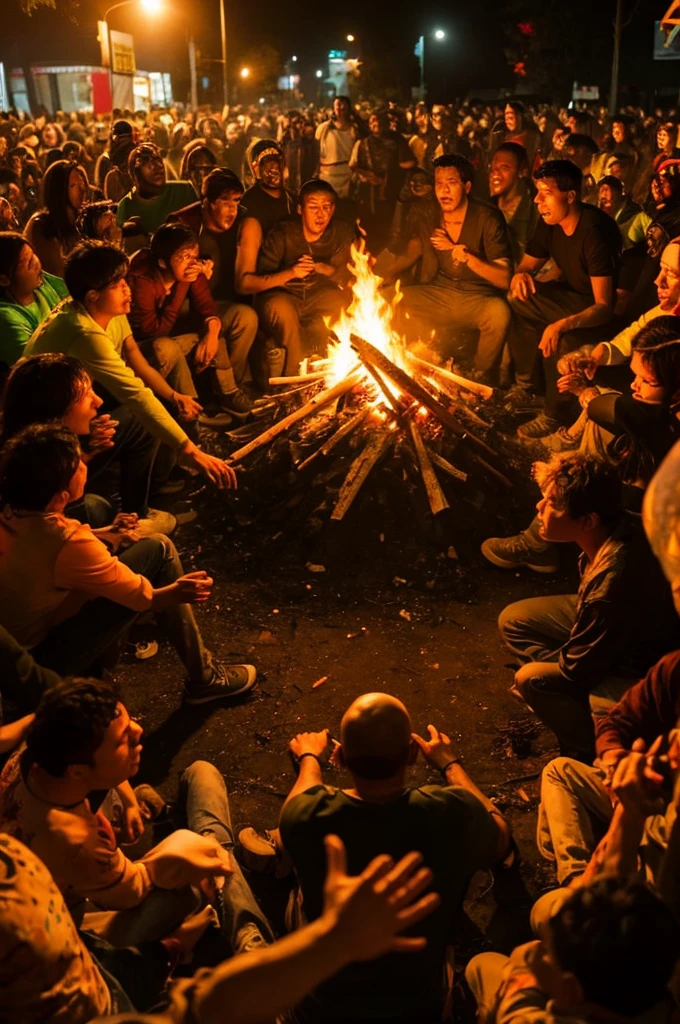 A bonfire surrounded by ZOMBIES eating bananas.
