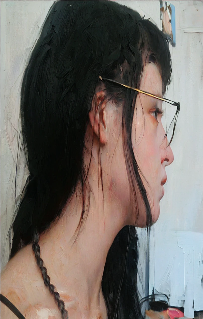 A woman with long braided black hair, dramatic lighting, intricate oil painting portrait, textured brushstrokes, old masters style, high quality, detailed, photorealistic