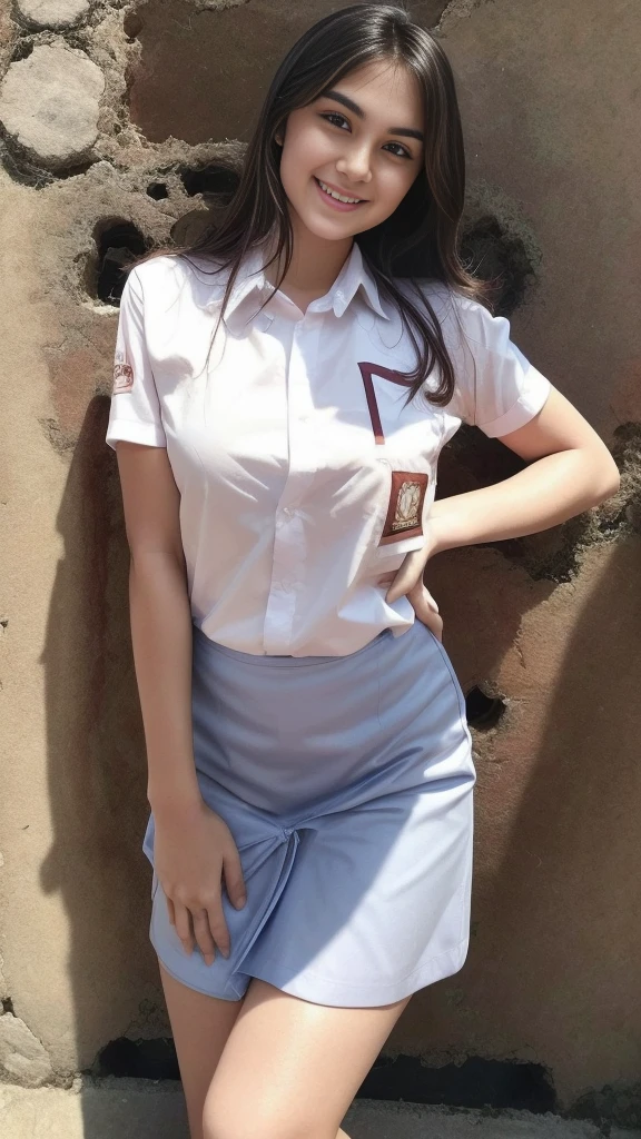 Girl, solo, 20 years old, model pose, (Indonesian_high_school_uniform), standing, outdoors, detailed face, detailed eyes, (seductive smile:1.1), huge breasts, shiny skin, tight white shirt, grey blue short skirt, looking at the audience, low angle shot, hands on the back, (8k, RAW photo, best quality, masterpiece: 1.2), (realistic, realistic: 1.37), ultra-high resolution