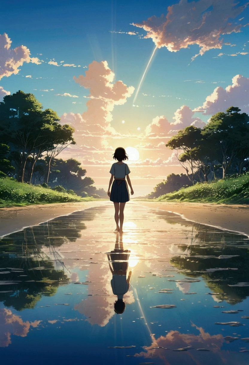 Makoto Shinkai Taste, Beautiful sky, Reflection of light, Barefoot Girl,The sea at the end of the road, Romantic Landscape, Healing scenes, Light pours in, Birds are flying