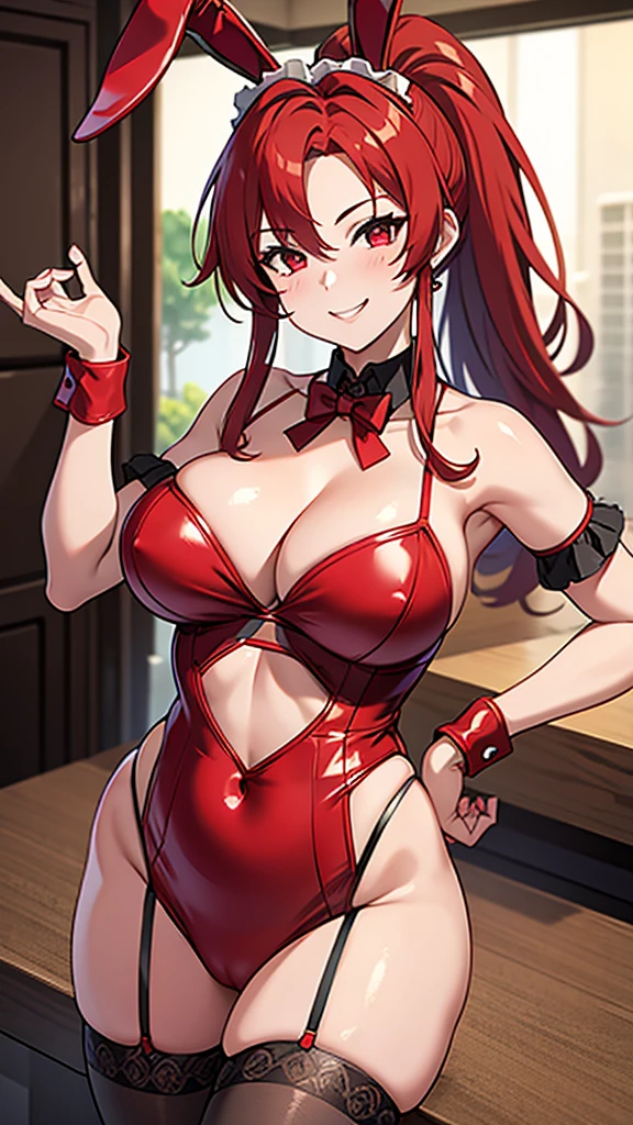 ,milf,red hair , ponytail hair, bunny girl costume, emission eyes, big breasts, correct anatomy,milf smile,maid pose