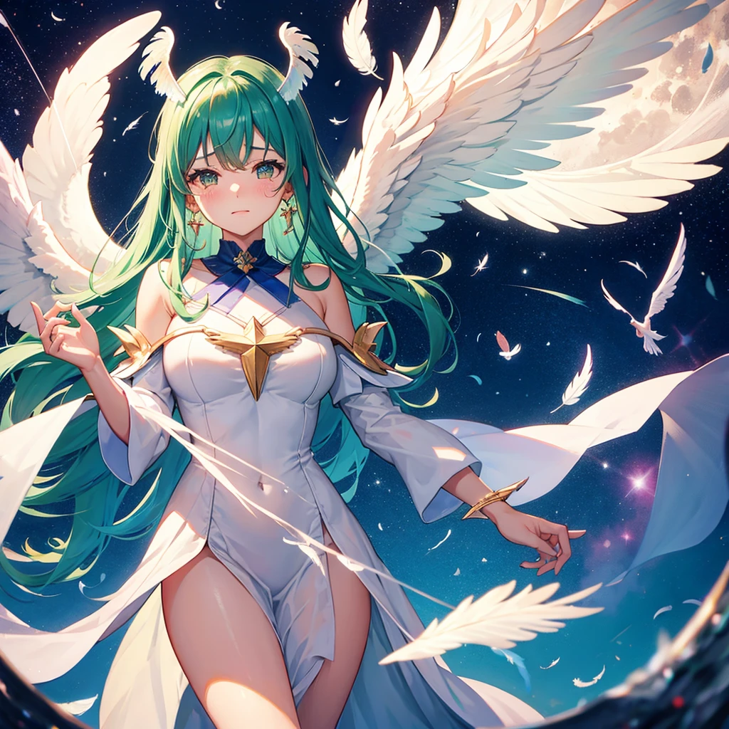((((Archangel)))) (((fluffy feathers Crying face Shining Tears suffering))),((White Dove Big full moon)),(End of the Galaxy shooting star Drop shoulder Sailor suit Shiny Earrings Green Hair Long Hair), have Sleep on your back look up Reaching out