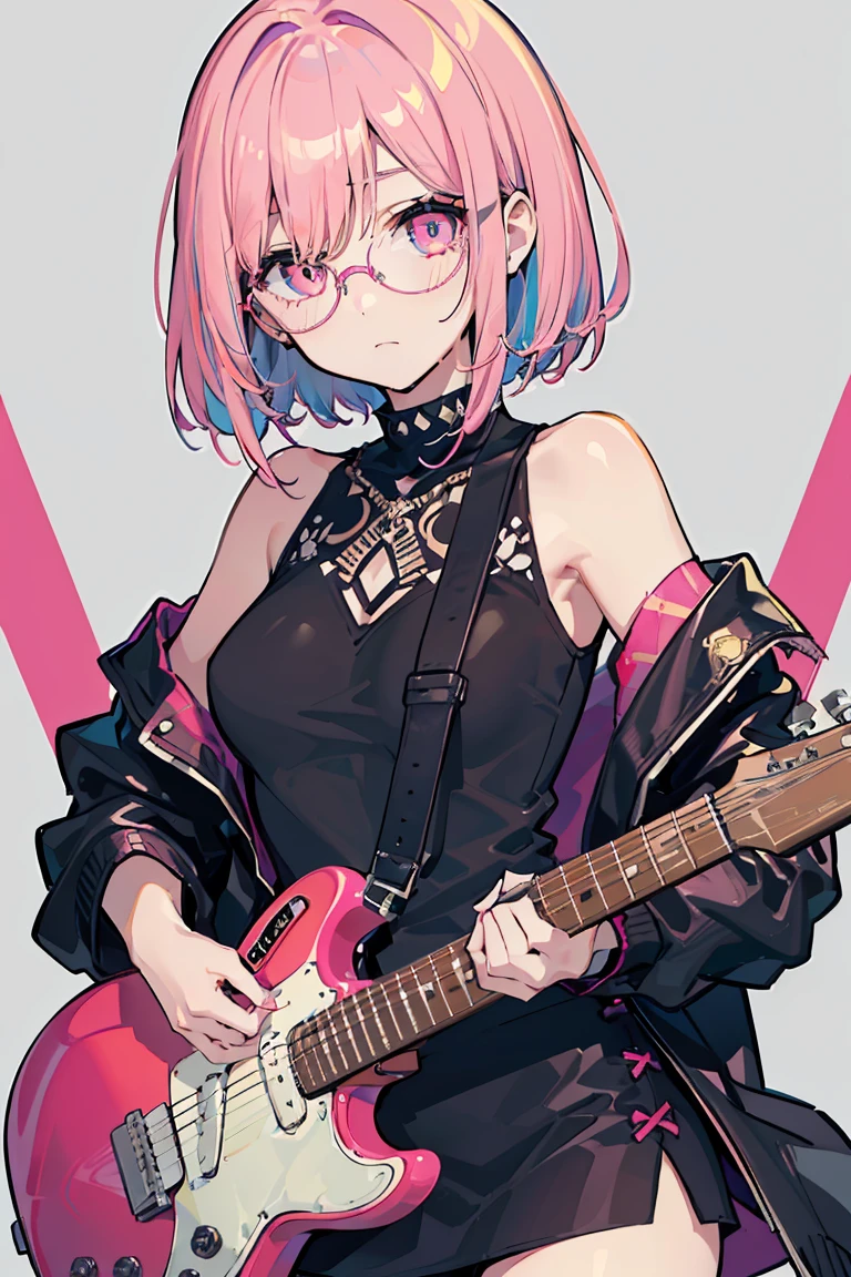 ((1 Girl)), punk, Dark circles in the eyes, Untidy face, peace sign, metal rock, sit, guitar, Cowboy Shot,((Very detailed,Highest quality, High resolution, fell, Sloppy, Lazy and slothful,Indifference, 8k wallpaper, Beautiful clothes,)),((Shortcuts,Diagonal bangs, Pink Hair,Round Glasses)), Sharp eyes, eye shadow, eyeliner,Glowing Eyes, Very detailedな目, Beautiful Eyes, ((Shining Eyes)), 18-year-old girl,Five Fingers