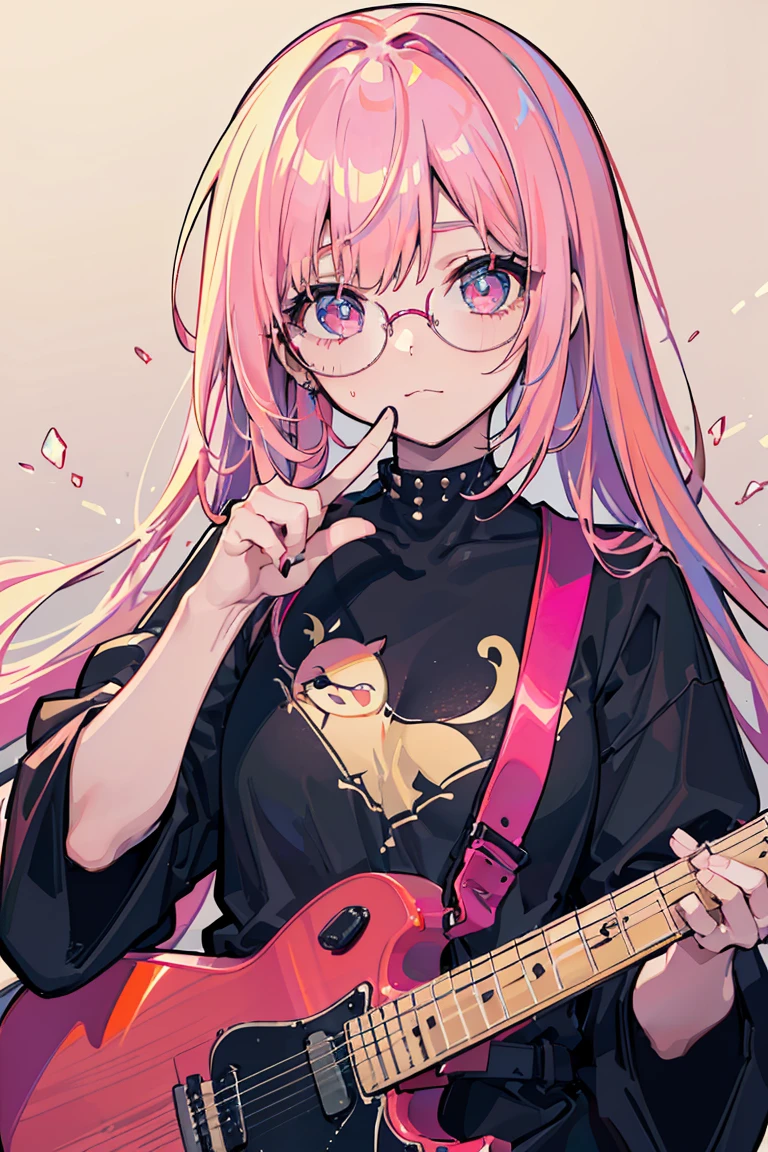 ((1 Girl)), punk, Dark circles in the eyes, Untidy face, peace sign, metal rock, sit, guitar, Cowboy Shot,((Very detailed,Highest quality, High resolution, fell, Sloppy, Lazy and slothful,Indifference, 8k wallpaper, Beautiful clothes,)),((Shortcuts,Diagonal bangs, Pink Hair,Round Glasses)), Sharp eyes, eye shadow, eyeliner,Glowing Eyes, Very detailedな目, Beautiful Eyes, ((Shining Eyes)), 18-year-old girl,Five Fingers