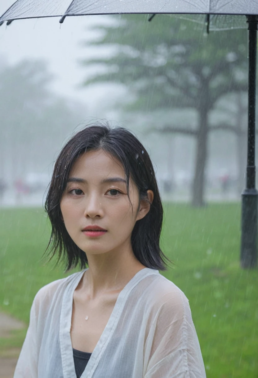 masterpiece, best quality,rain, in the rain, 1 short Korean Japanese woman, foggy park, looking at viewer