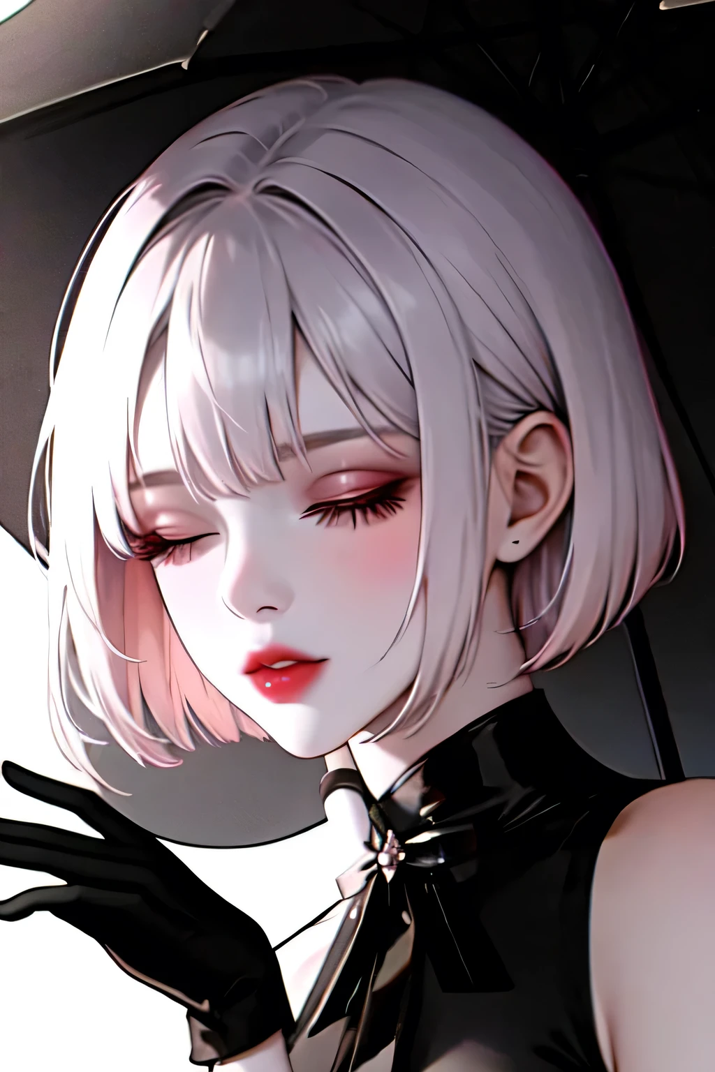 1 girl looking down, pink lips, short hair, black dress with black gloves, holding a black umbrella with his right hand that covers his eyes, holding a sphere with his left hand, neckline, make up, monochrome, White background, neckline, collar, Upper part of the body, direct color, hair over the shoulder,Dark theme,bright,bright skin,mqmf,(mature woman:1.2),