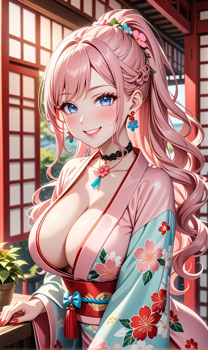 ultra-detailed, ((one girl)), (pale skin:1.4), in pastel colors gyaru, (heavy makeup), (professional lighting) hyper detailed, absurdres, 8K, Beautiful Face, (Laugh shyly), ((teasing smile:1.8)), ((Wink:1.7)), (Laugh with your mouth wide open),((Tilt your face:1.6)), View your viewers, ((Bright red cheeks:1.6)),Glossy Red Lips, ((:1.5)), ((undressing:n, Shrine festival venue , ((Anime style background)),masterpiece, Highest quality, so beautiful,Latest, Complex details, (Pink long nails), (nail art), (ring),(bracelet), (Floral Choker),AI-generated, Complex,High resolution, Highest quality, super high quality,3D Images、3D Images,One person,Pastel pink long hair,(High Ponytail), (wavy hair:1.3), Pastel anime woman posing for a photo, ((Fine grain、blue eyes、glowing eyes:1.4)), (Squint your eyes:1.1),a hyperRealistic , hyperRealistic , Realistic,Anime woman with long pastel pink hair, Smooth anime CG art, A girl in a gorgeous pastel-colored kimono, ((Pastel-colored furisode)),(Pink large floral pattern), (sideboob), Long flower hair ornament,Floral Earrings, Mature Body, tall,Narist,((from side)), ((leaning forward)),