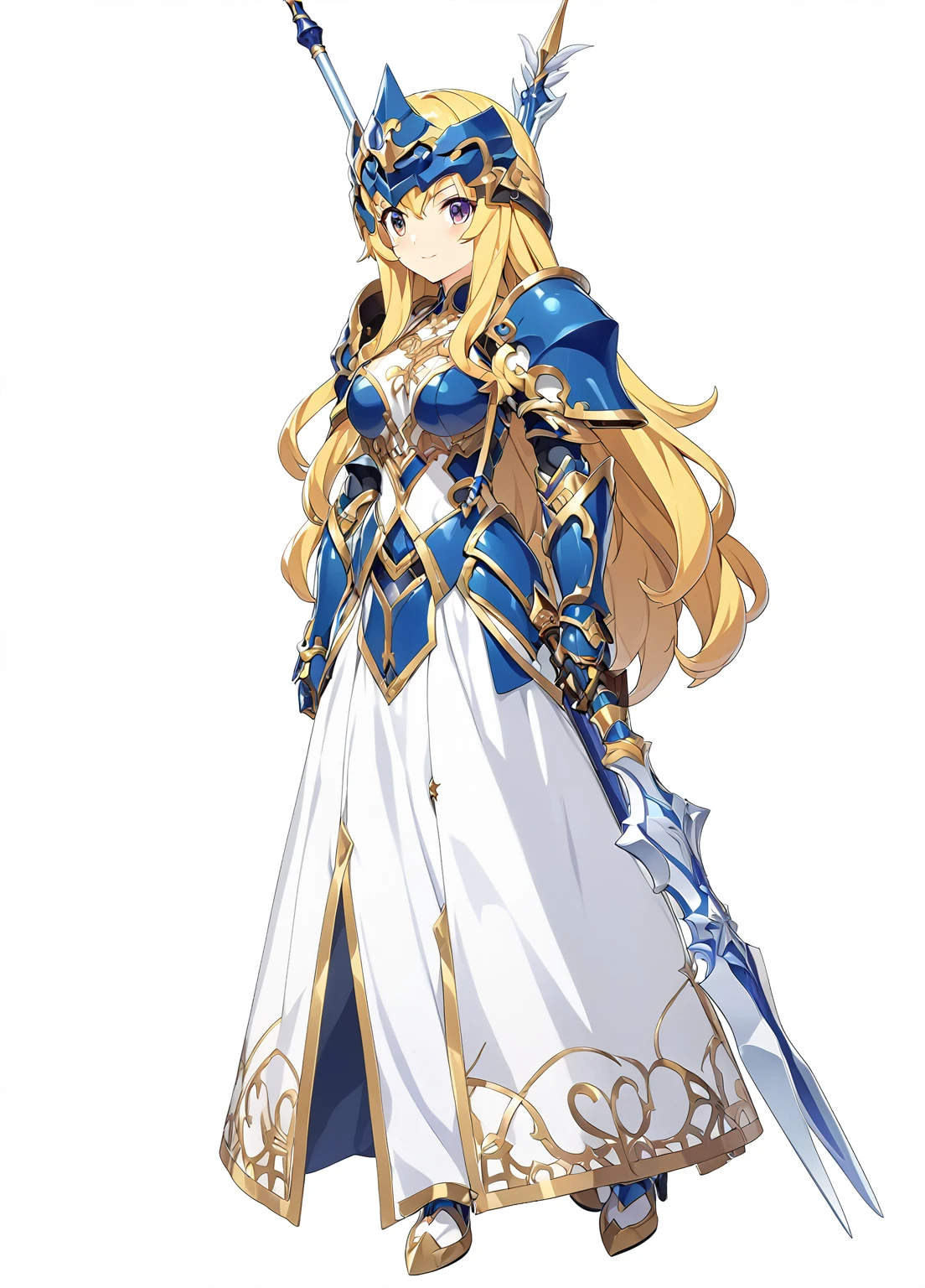 Highest quality, high resolution, High quality game art style, whole body,Valkyrie,Official Art, Smooth game CG art,Cute 3D anime girl render, Visual Novel Sprites, White background,Smooth game CG art, (((Woman with a long spear))),A woman wearing a white dress and blue armor, An intricately designed helmet with white feathers,Small shield, (((Has an exquisite long spear))),Exquisite Blue Armor,Golden Hair, long hair, female knight, Rin々Shii,Large Bust,,