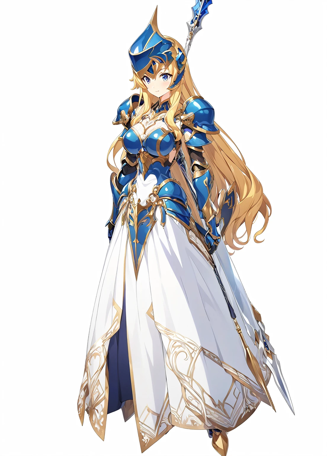 Highest quality, high resolution, High quality game art style, whole body,Valkyrie,Official Art, Smooth game CG art,Cute 3D anime girl render, Visual Novel Sprites, White background,Smooth game CG art, (((Woman with a long spear))),A woman wearing a white dress and blue armor, An intricately designed helmet with white feathers,Small shield, (((Has an exquisite long spear))),Exquisite Blue Armor,Golden Hair, long hair, female knight, Rin々Shii,Large Bust,17 years old,