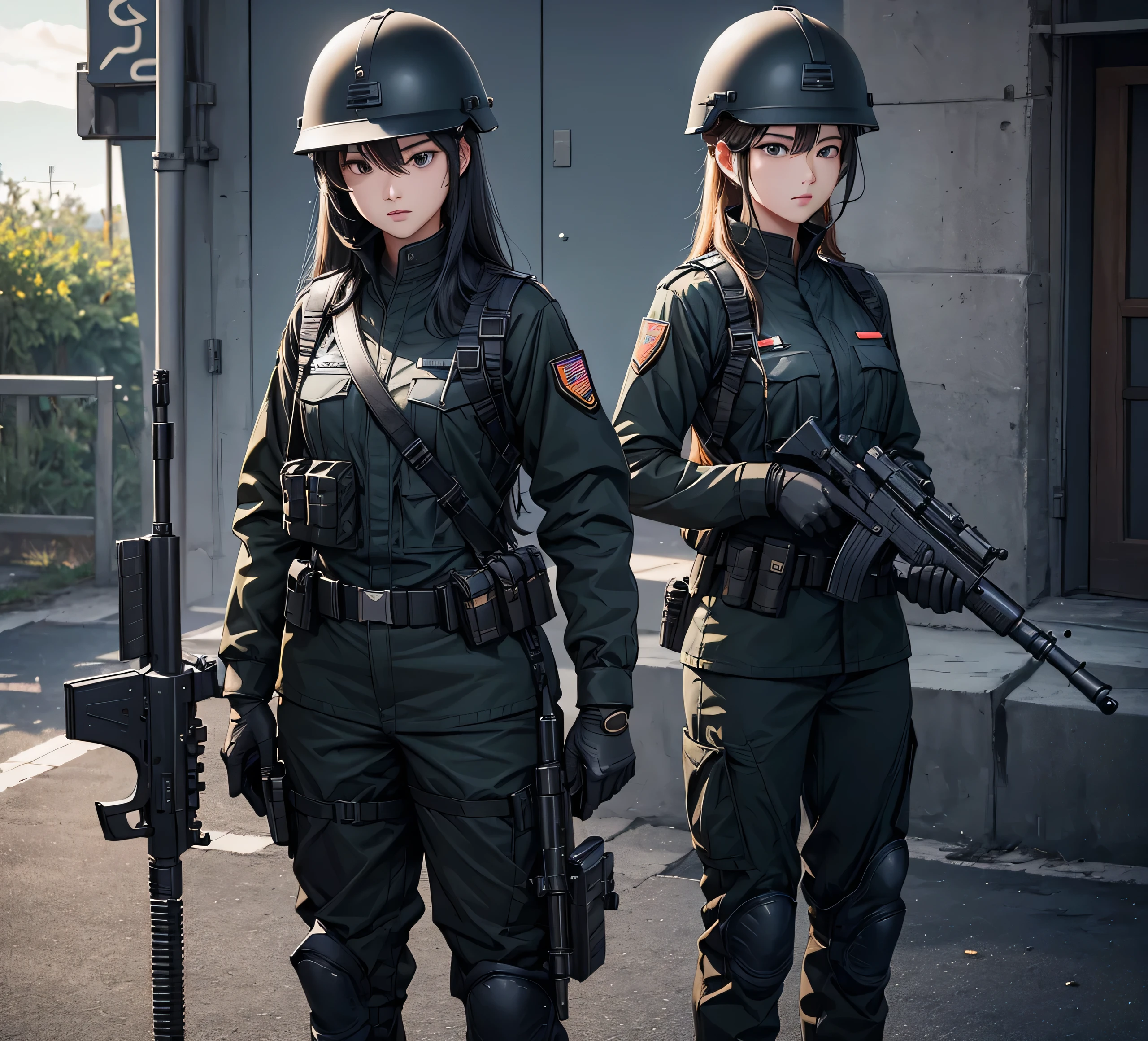 A group of female soldiers wearing black BLUE military uniforms,Wear a steel helmet、Military Pants、Individual equipment set、Alert with guns、Write details、masterpiece、best quality、Highly detailed CG、8K picture quality