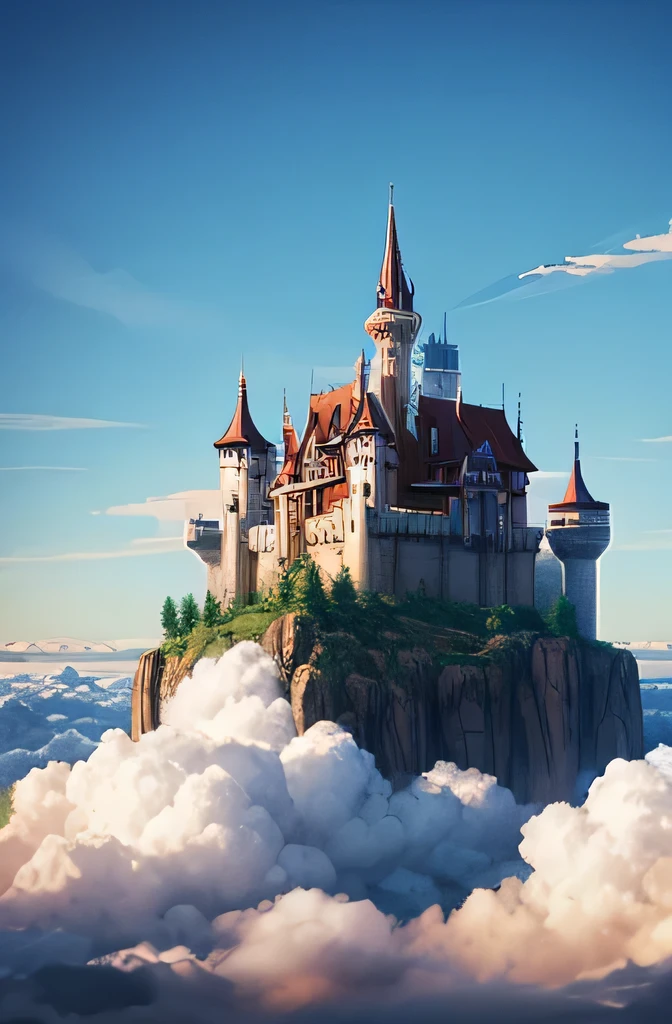 Pixel art、Western-style castle、Towering above the clouds、sky