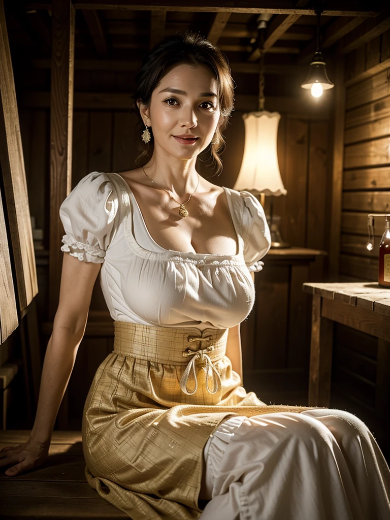 (masterpiece:1.4),(Beautiful 61 year old woman:1.5),(Facial wrinkles : 1.2),(traditional dirndl : 1.2), (plump body : 1), white skin, pores, skin blemishes, dull skin, gentle smile, wavy hair, large saggy breasts, (hanging breasts), limp breasts, soft breasts, flabby breasts, flexible breasts, necklace, earrings, in a shed, detailed backgrounds, night time, lamp is the only light-source