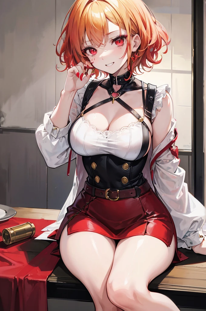 There a anime girl with short curly hair,gold hair colour,and red eyes colour,have a knife in her hand, she grinned, she was sitting on the table with a someone head next to her and blood stained on her cheek 