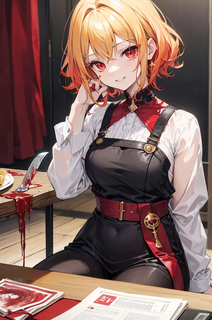 There a anime girl with short curly hair,gold hair colour,and red eyes colour,have a knife in her hand, she grinned, she was sitting on the table with a someone head next to her and blood stained on her cheek