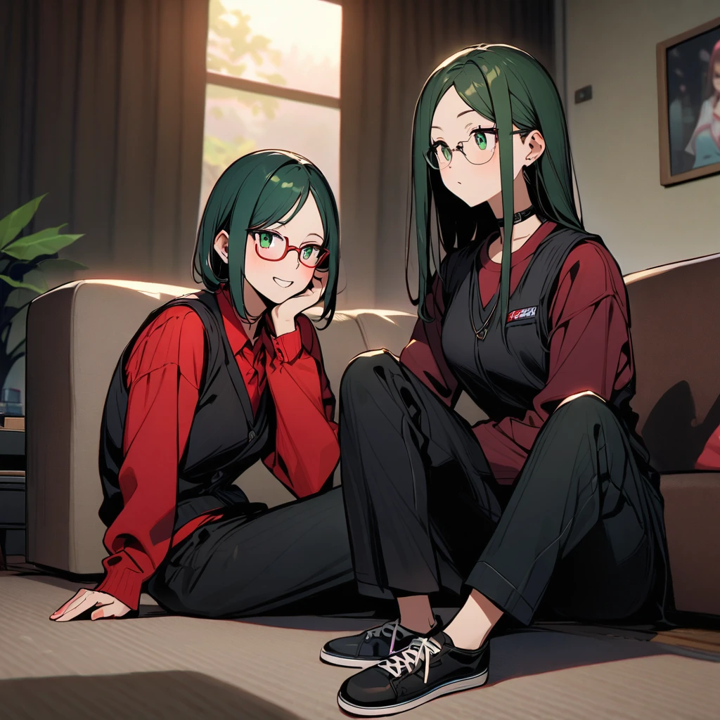 (well done: 1) woman, long straight honey-colored hair, dark green eyes, glasses, black choker, black vest, red long-sleeved shirt under the vest, black pants, black sneakers. sitting in a living room.