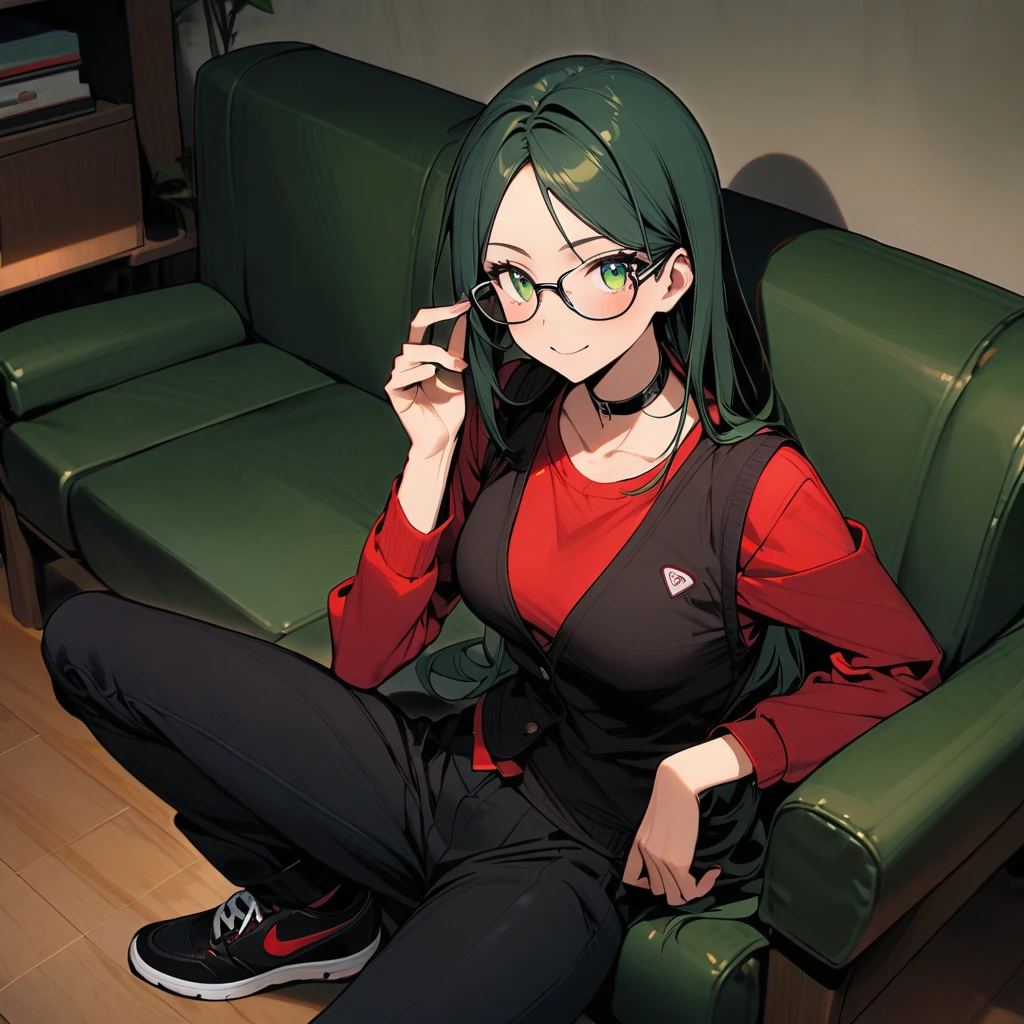 (well done: 1) woman, long straight honey-colored hair, dark green eyes, glasses, black choker, black vest, red long-sleeved shirt under the vest, black pants, black sneakers.  sitting in a living room.