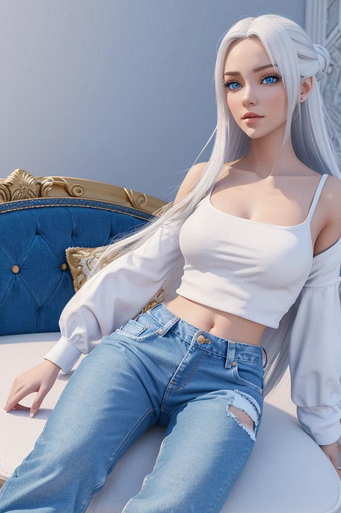 A 3d girl in a snow background with long white flying hair with blue bright eyes with a baggy jeans and a white crop top sitting in a empress style on a royal couch
