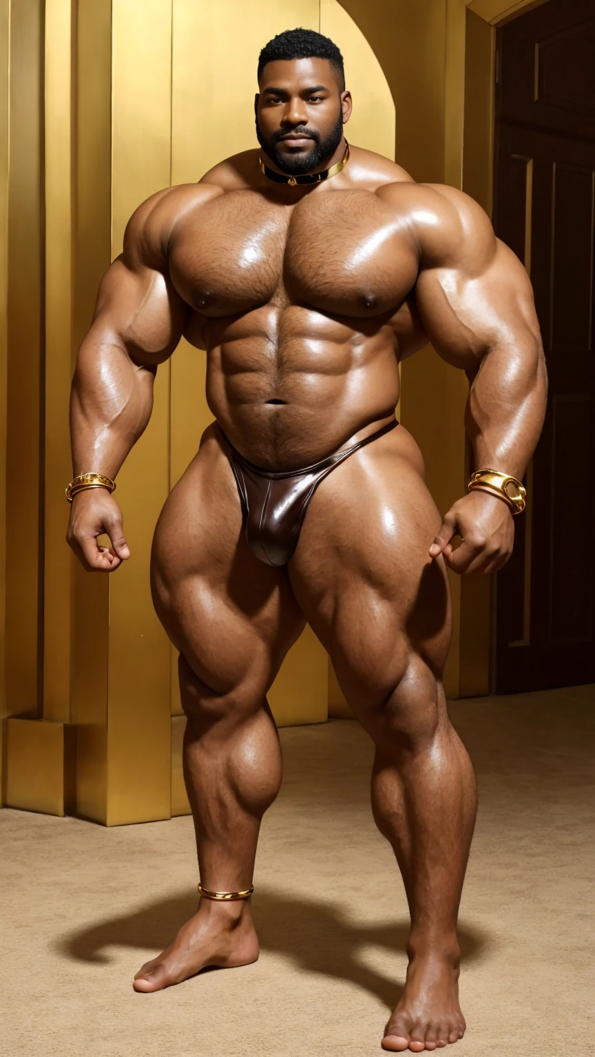There is only one handsome king in the photo,35 years old,tall, Wearing a golden crown,Fitness,Smooth body,Smooth skin,No chest hair,short hair, O-Shaped Beard,Perfect body, Dark skin color,Radiant Skin,Smooth skin,Shiny, shiny skin,Smooth pectoral muscles,Muscle bulge, muscular, Very large pectoral muscles,Very sexy abdominal muscles,Very well-developed leg muscles,Huge concave and convex area,Brightens oily skin,Wearing a shiny gold leather thong,Handsome face,Normal human toes,Correct and accurate male body proportions,Gold Collar,Gold bracelet,Gold anklets,Standing in the magnificent palace。