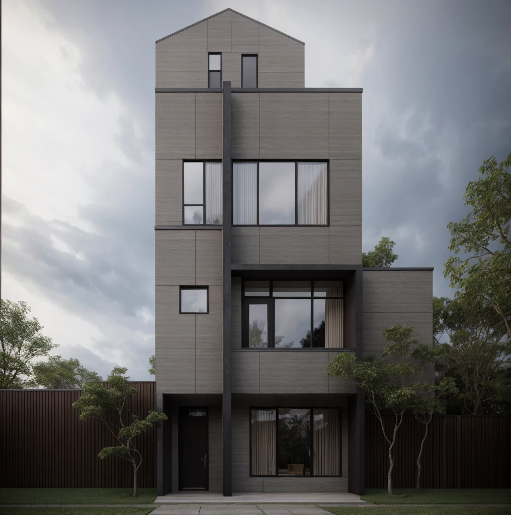exterior of house, modern, townhouse, Modern house gate, minimalistic, the house is located in an urban area of Hanoi Vietnam, wall concrete gray and wood, facing the road, plant and tree, sidewalks, sidewalk trees, corona render, 3ds max, wide view, overcast sky, a moody foggy environment, sunny cinematic, natural light