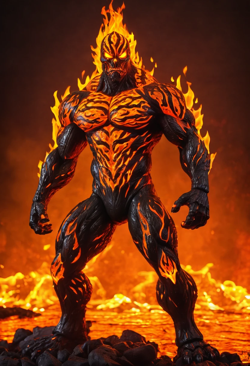 Zombie lava, muscle strong body, full lava body, villain, lights orange eyes, fire hands, full body, full body view