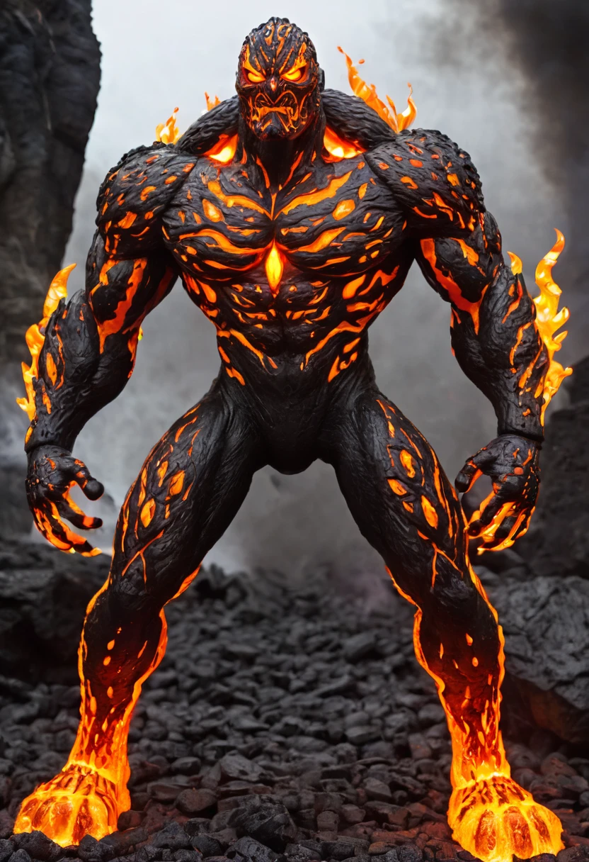 Zombie lava, muscle strong body, full lava body, villain, lights orange eyes, fire hands, full body, full body view