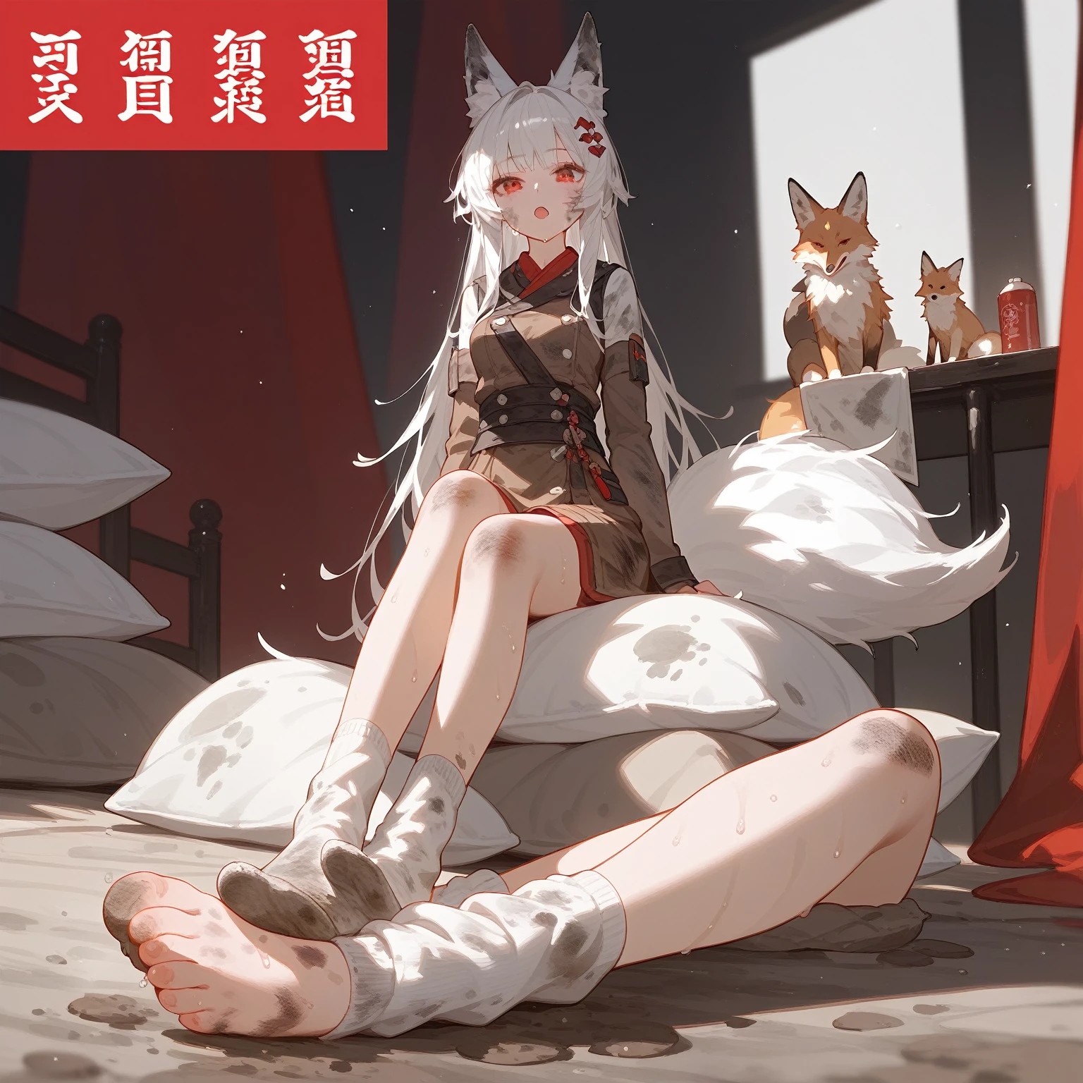 1 girl,dirty,foot,foot底,Red Eyes,breast,solitary,Long hair,White hair,,foot趾,foot部焦点,Looking at the audience,sit,Sweat,open mouth,dirty foot,Keep,indoor,Pillow,Bangs,White knee socks,Fox ears,There'foot的泥土,White clothes,kimono,Japanese style,dirtyPillow,dirty床,女孩周围堆满Pillow,女孩踩踏2着Pillow,大量Pillow,Pillow上肮脏,,(Deluxe Rococo Canopy King Bed),On a big and spacious bed,(),,,,Luxurious curtains with ornate ruffles and ribbons surround the bed,((((There are many pillows piled on the bed)))),Detail of Quilt,Detailed bed sheets,女孩踩在Pillow上