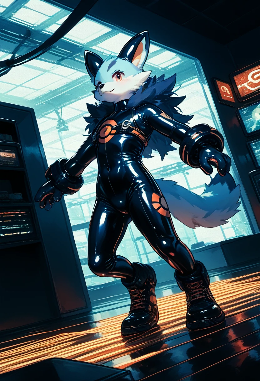 Highest quality, Highest quality, High quality illustrations, masterpiece, Ultra-high resolution, Detailed Background, Games Room, Absurd, Perfect Anatomy, performance, Good lighting, Shadows in the movies(kemono, Furry Personifi猫ion), Floragato (Pokemon),  Rubber suit, Rubber suit, latex, neon, neonライト, neonカラー