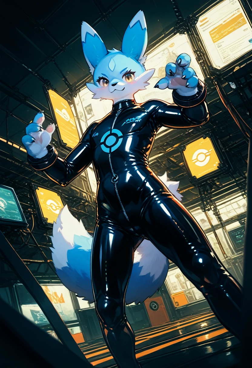 Highest quality, Highest quality, High quality illustrations, masterpiece, Ultra-high resolution, Detailed Background, Games Room, Absurd, Perfect Anatomy, performance, Good lighting, Shadows in the movies(kemono, Furry Personifi猫ion), Floragato (Pokemon),  Rubber suit, Rubber suit, latex, neon, neonライト, neonカラー